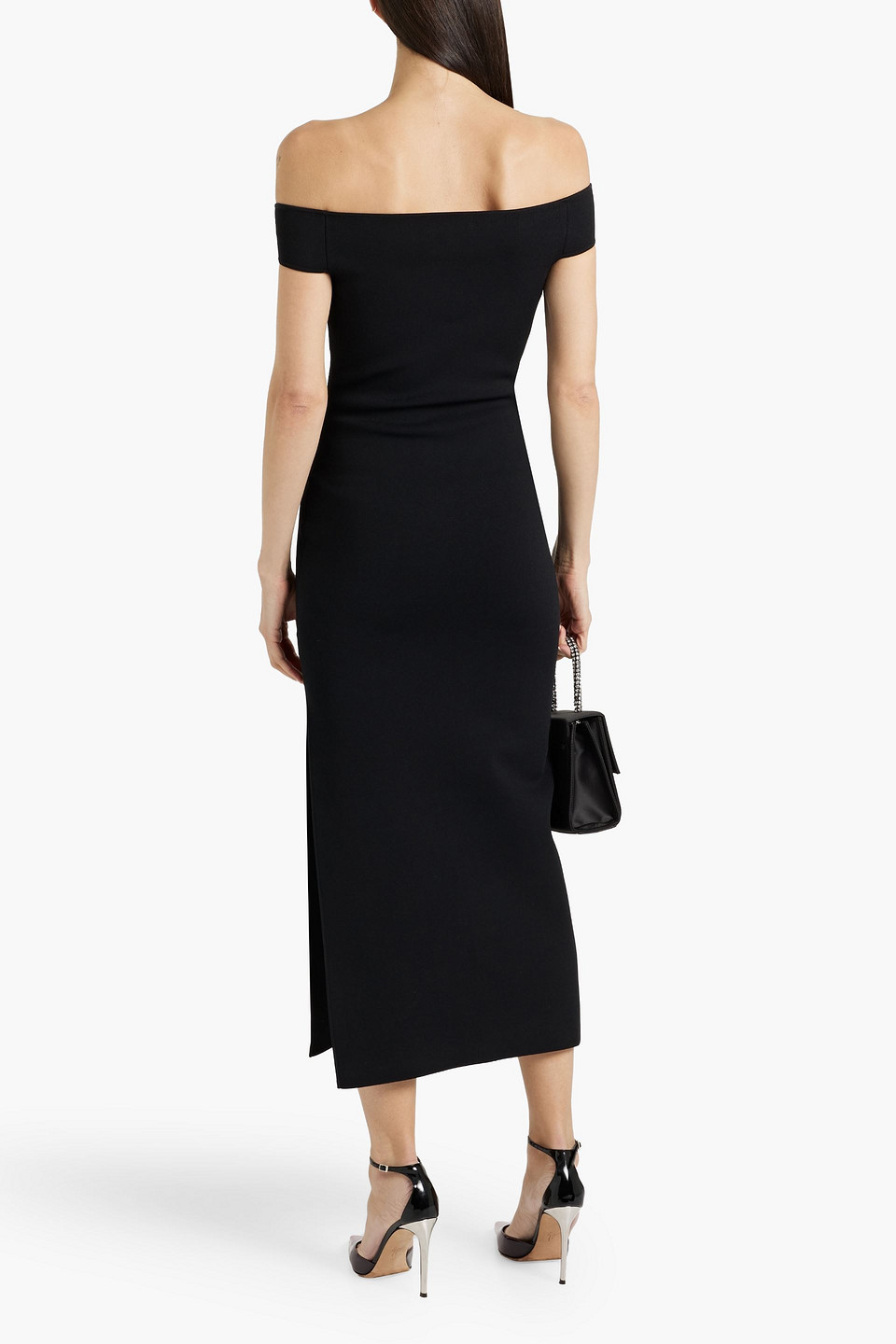 Shop Galvan Aphrodite Off-the-shoulder Stretch-knit Midi Dress In Black