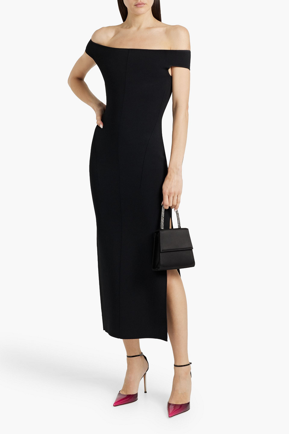 Shop Galvan Aphrodite Off-the-shoulder Stretch-knit Midi Dress In Black