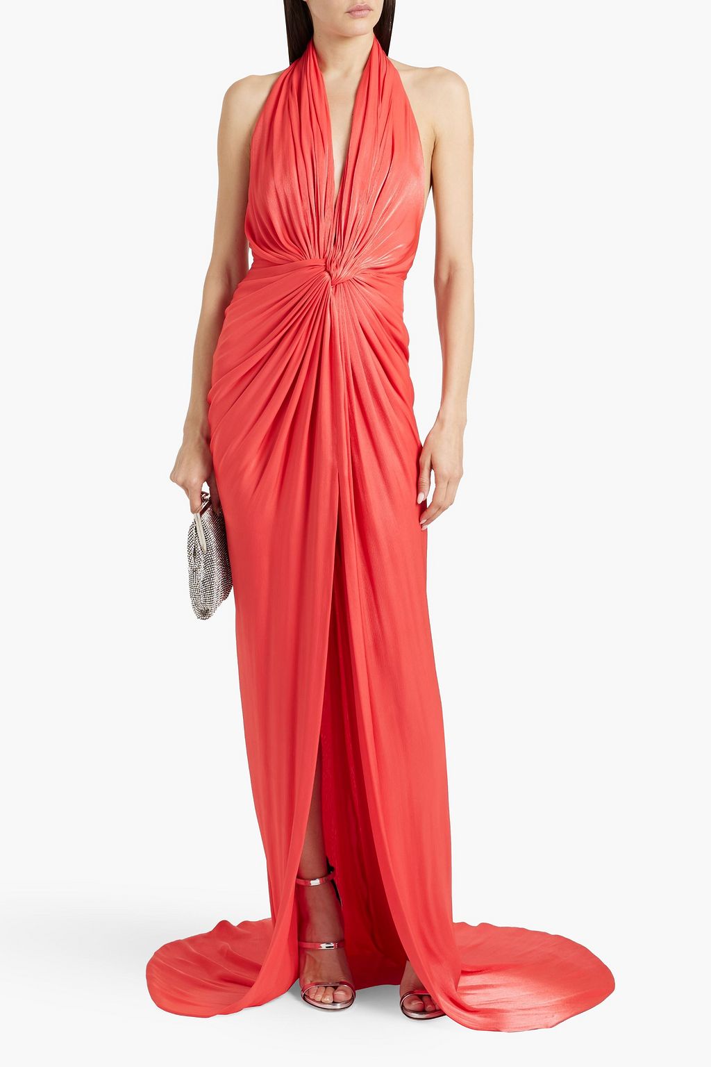COSTARELLOS Colette twist-front lamé halterneck gown