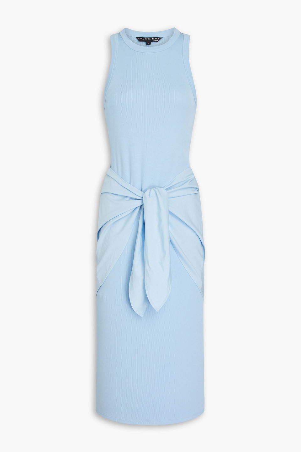 Veronica Beard Odeon Tie-front Ribbed Stretch Pima Cotton-jersey And Poplin Midi Dress In Light Blue