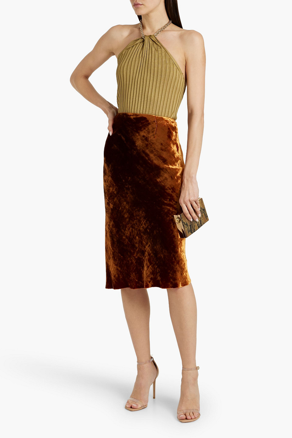 GALVAN RHEA CHAIN-EMBELLISHED RIBBED-KNIT HALTERNECK TOP