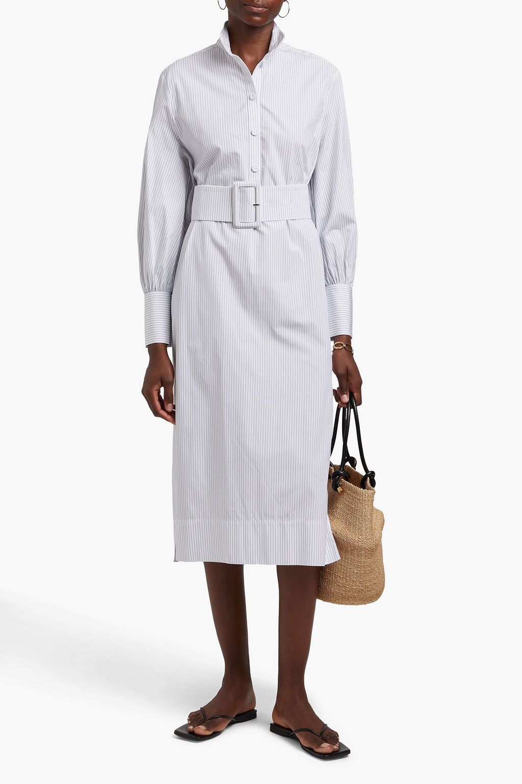 ANOTHER TOMORROW Belted striped cotton-poplin midi shirt dress