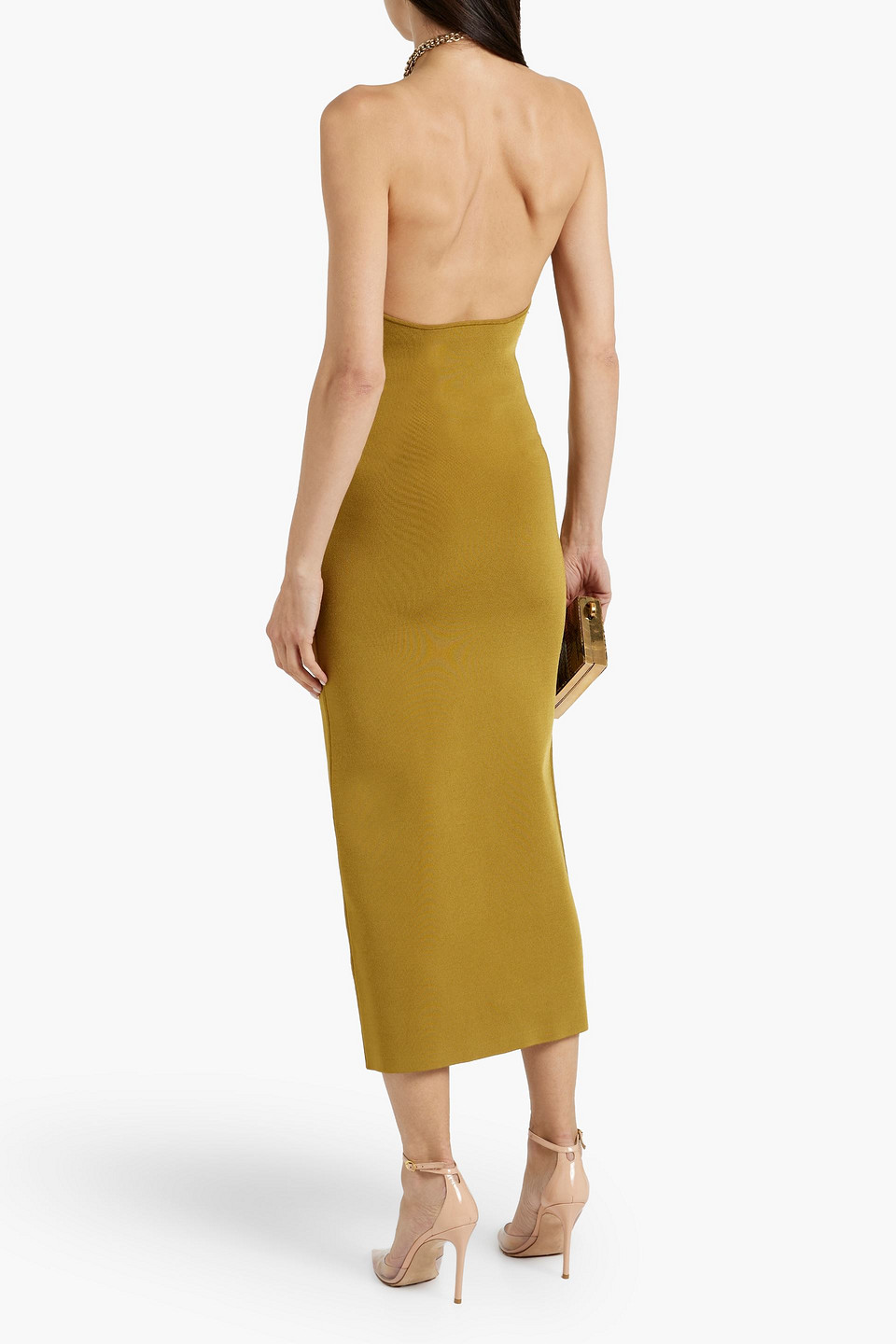 Shop Galvan Cleopatra Chain-embellished Stretch-knit Halterneck Midi Dress In Mustard