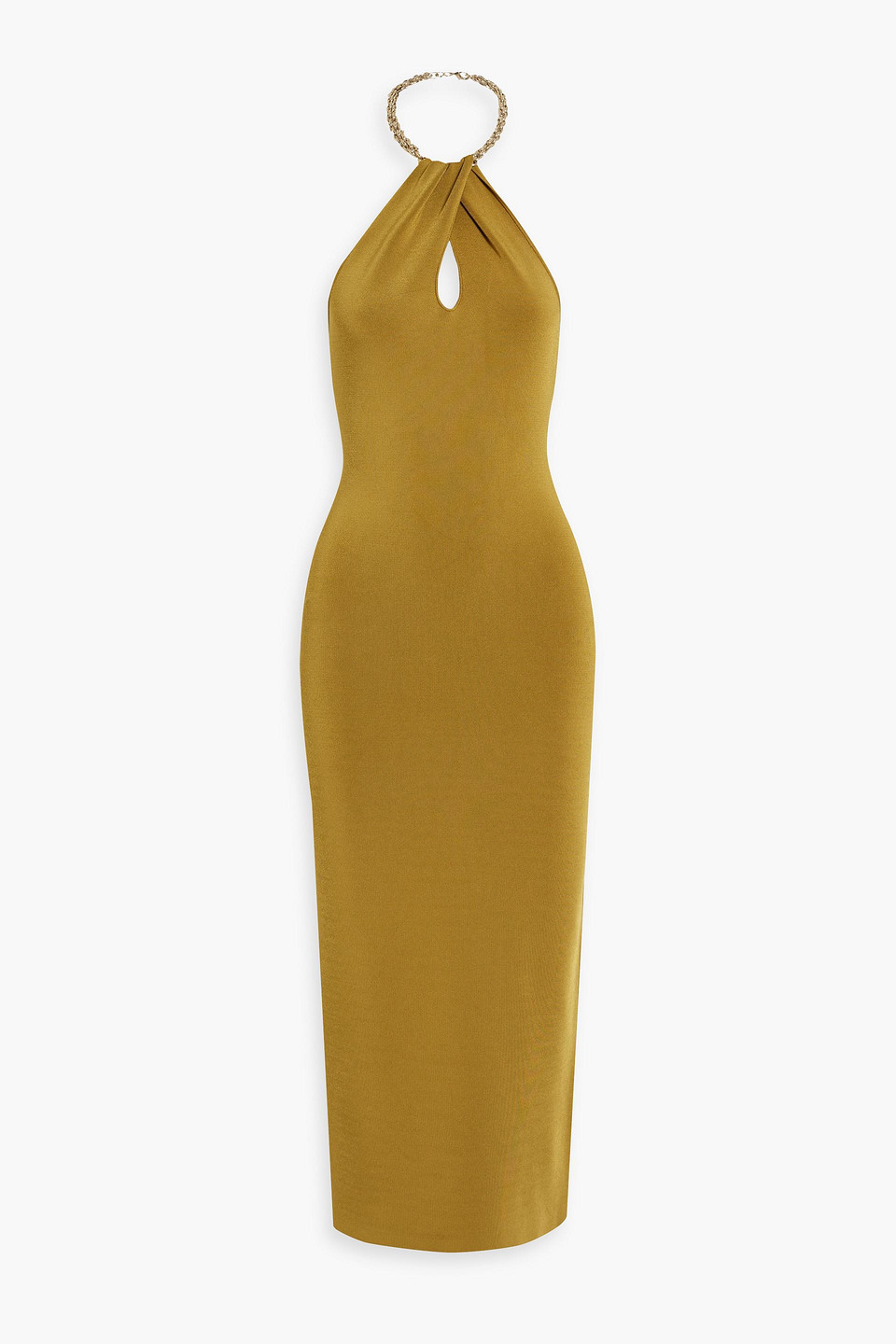 Galvan Cleopatra Chain-embellished Stretch-knit Halterneck Midi Dress In Mustard