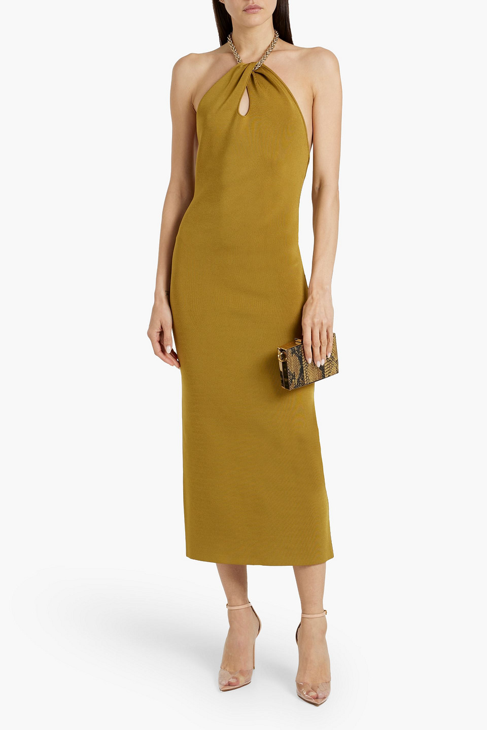 Shop Galvan Cleopatra Chain-embellished Stretch-knit Halterneck Midi Dress In Mustard