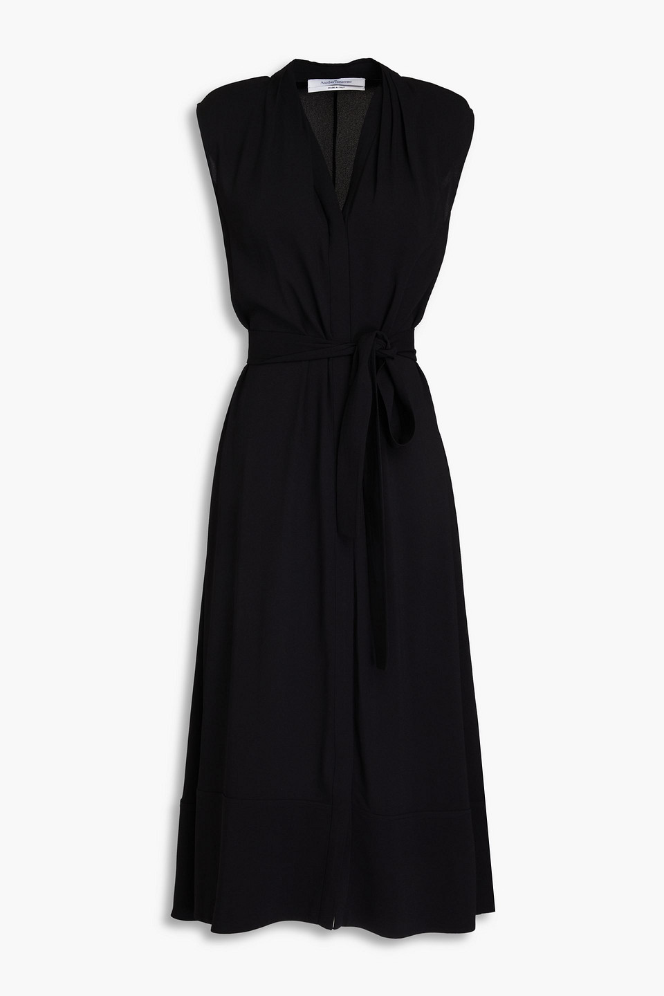 Another Tomorrow Belted Crepe Midi Dress In Black
