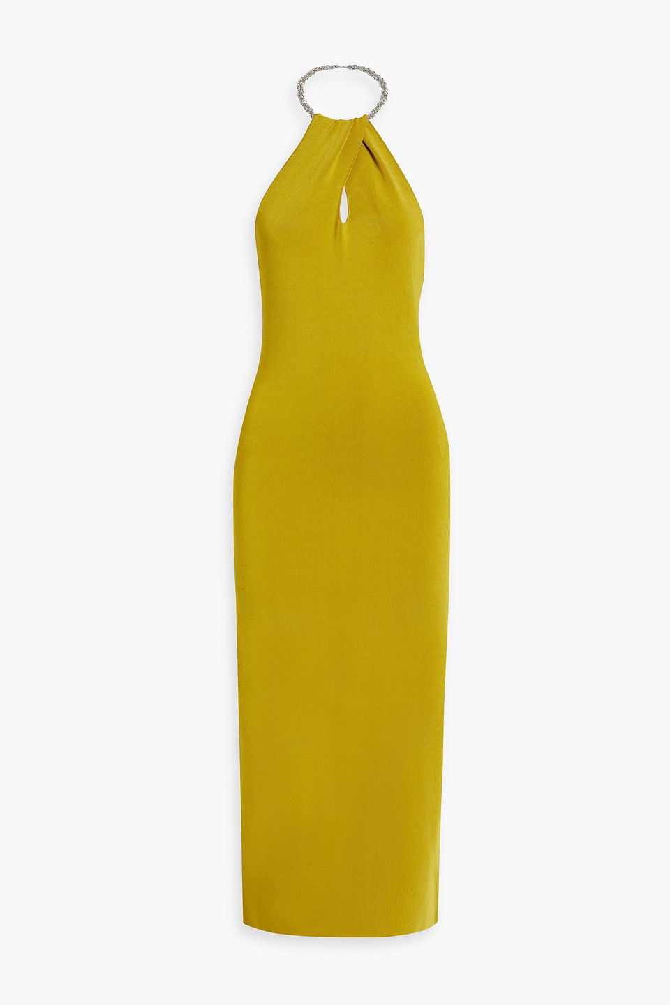 Shop Galvan Cleopatra Chain-embellished Stretch-knit Halterneck Midi Dress In Chartreuse