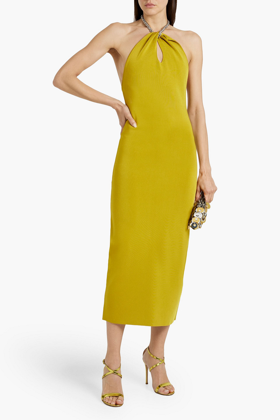 Shop Galvan Cleopatra Chain-embellished Stretch-knit Halterneck Midi Dress In Chartreuse