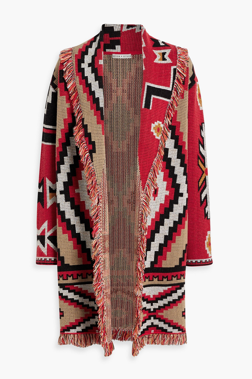 Shop Alice And Olivia Astrid Fringed Jacquard-knit Cardigan In Red