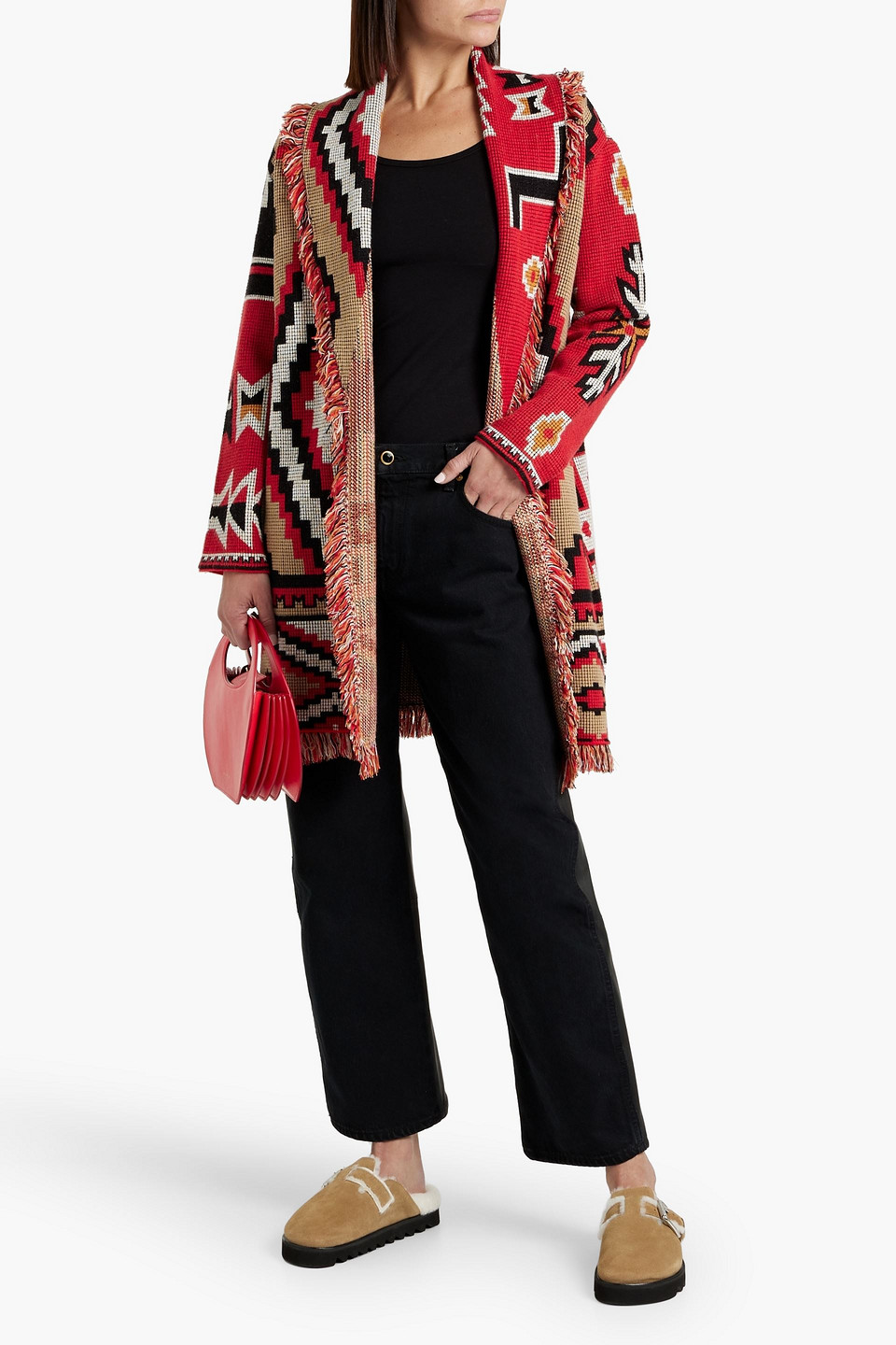 Shop Alice And Olivia Astrid Fringed Jacquard-knit Cardigan In Red