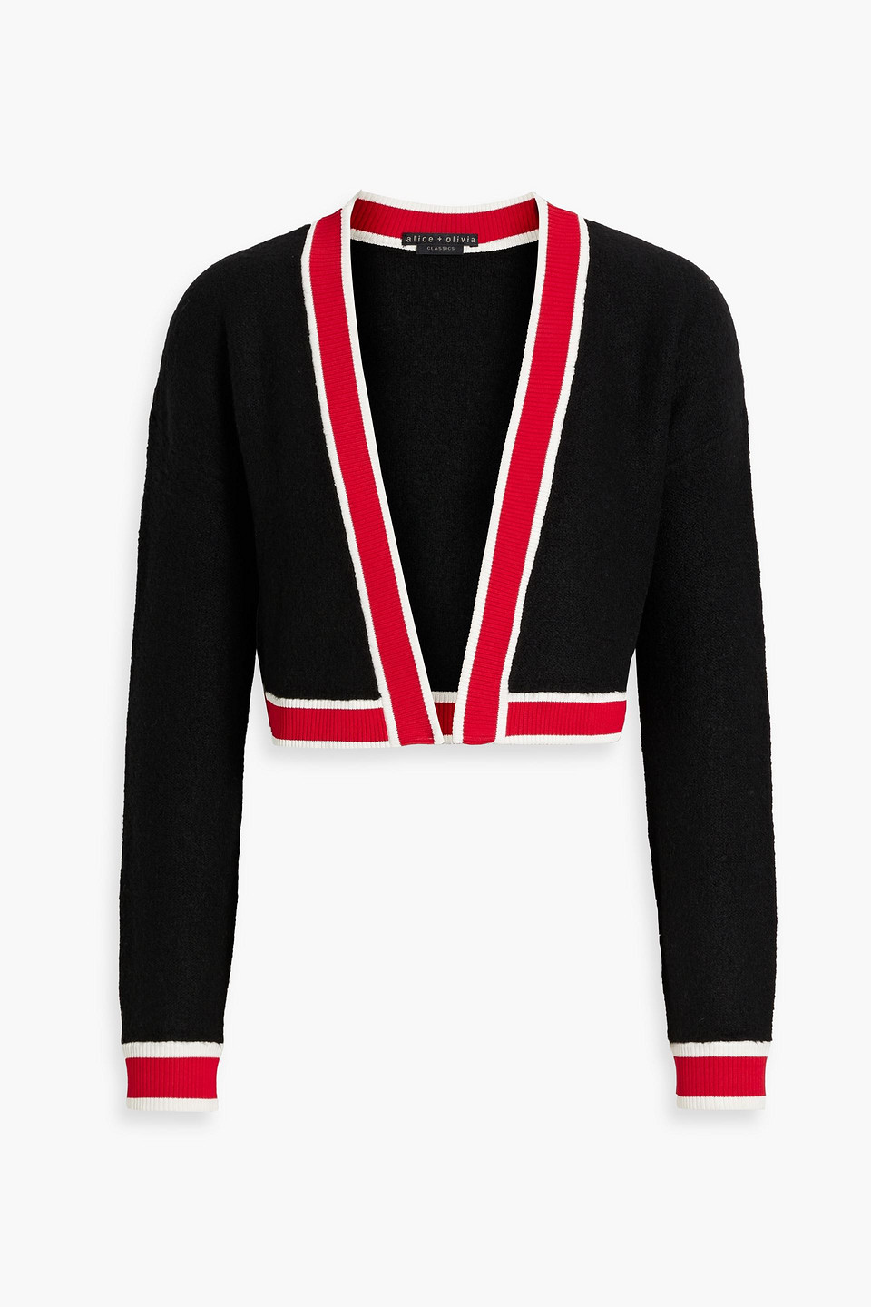 Shop Alice And Olivia Juanna Cropped Striped Knitted Cardigan In Black