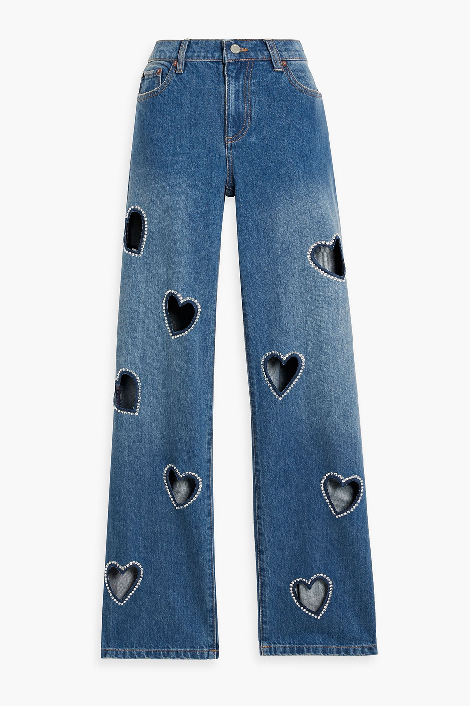 Alice And Olivia Karrie Cutout Crystal-embellished High-rise Wide-leg Jeans In Mid Denim