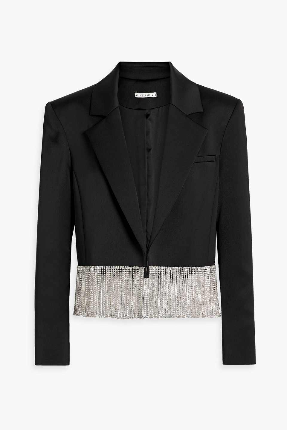 Alice And Olivia Shan Cropped Crystal-embellished Satin-crepe Blazer In Black