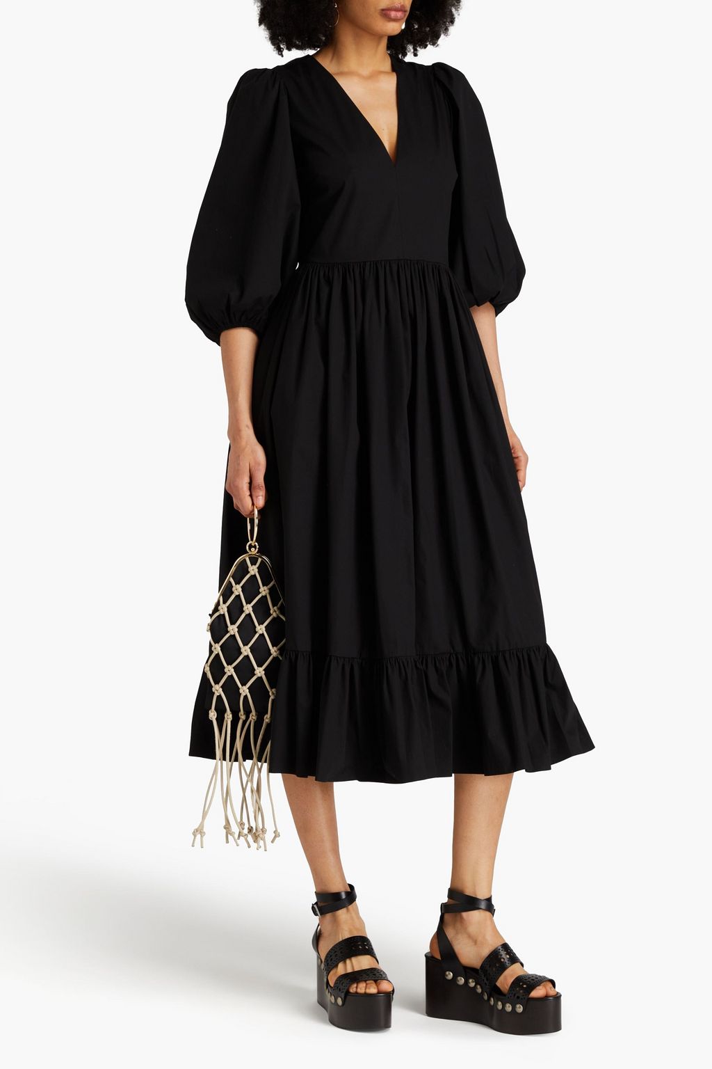 REDVALENTINO فستان متوسط الطول من البوبلين المصنوع من مزيج من القطن بتصميم مزموم