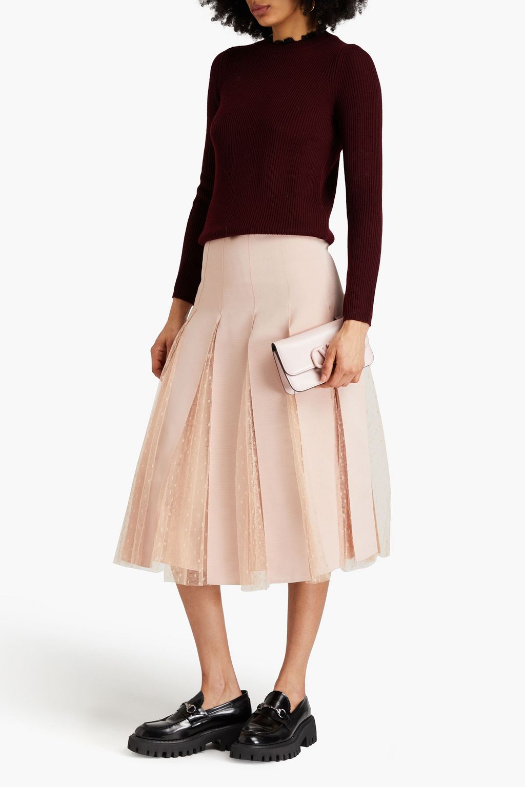 REDVALENTINO تنورة متوسطة الطول من قماش بوان ديسبري ومزيج من القطن والحرير المضلّع مزين بكسرات