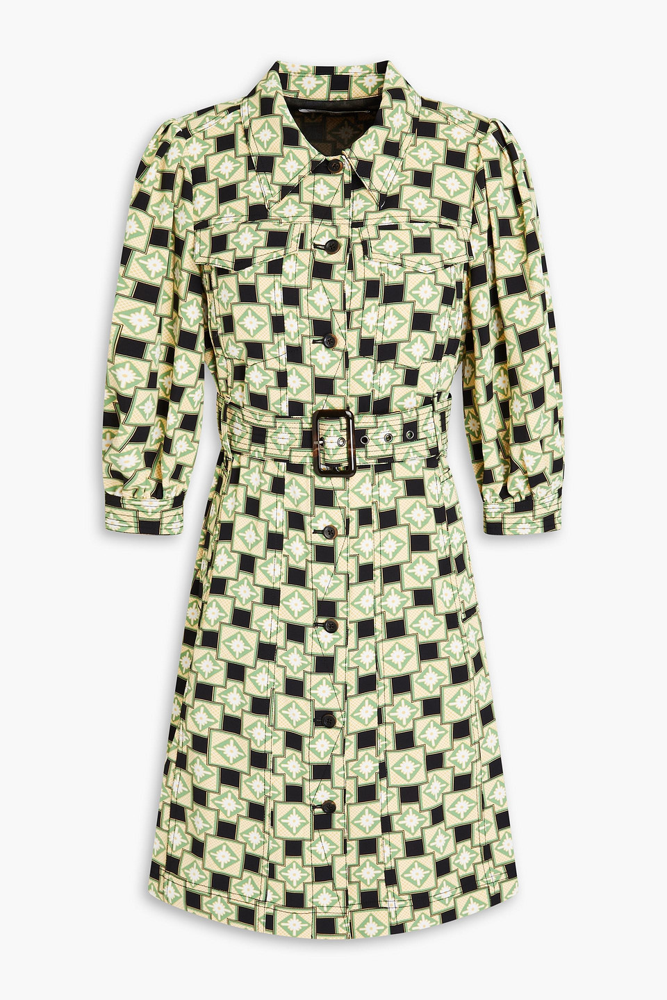 Diane Von Furstenberg Britney Belted Printed Crepe Mini Shirt Dress In Green