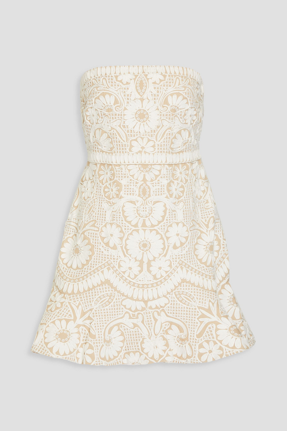 Veronica Beard Agata Strapless Embroidered Cotton-blend Gaberdine Mini Dress In Off-white