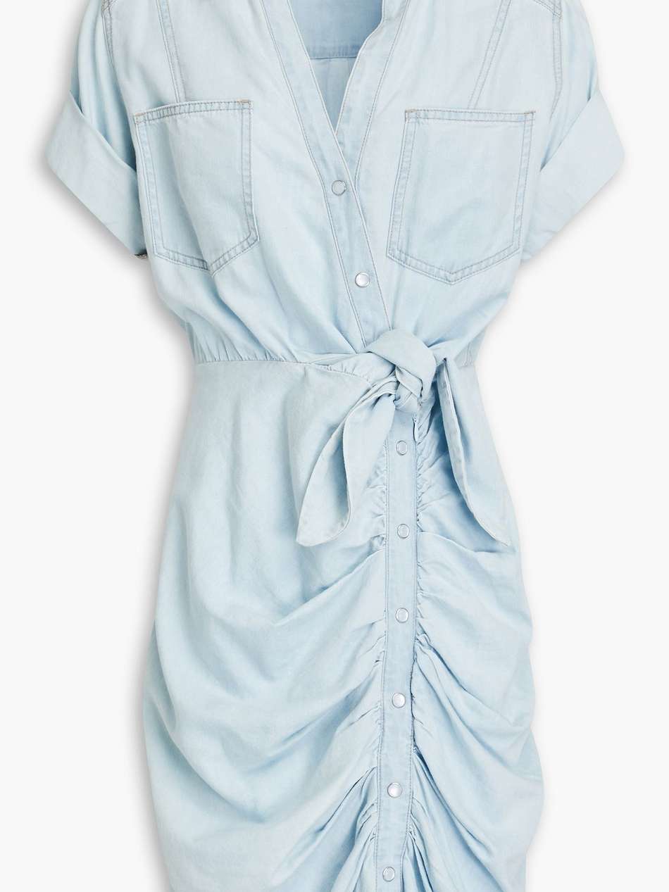 ruched cotton-blend chambray shirt dress