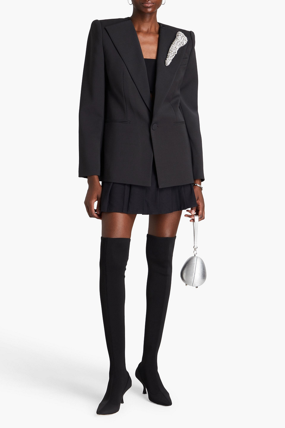 Shop Area Double-breasted Crystal-embellished Wool-blend Blazer In Charcoal