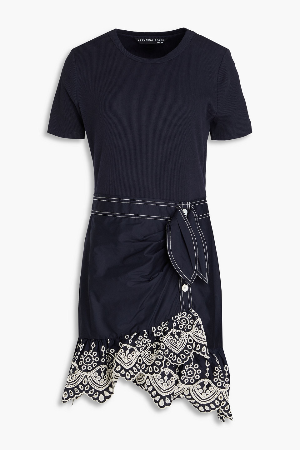 Veronica Beard Broderie Anglaise-trimmed Ribbed Cotton-blend Jersey Mini Dress In Navy