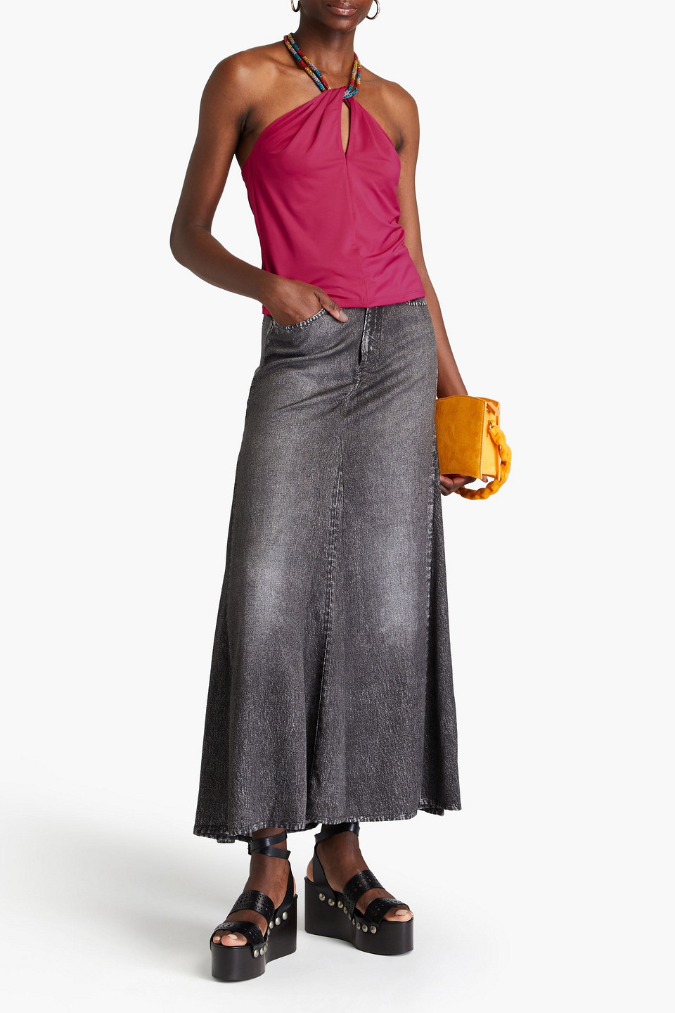 VERONICA BEARD AKEEVA CUTOUT EMBELLISHED JERSEY HALTERNECK TOP