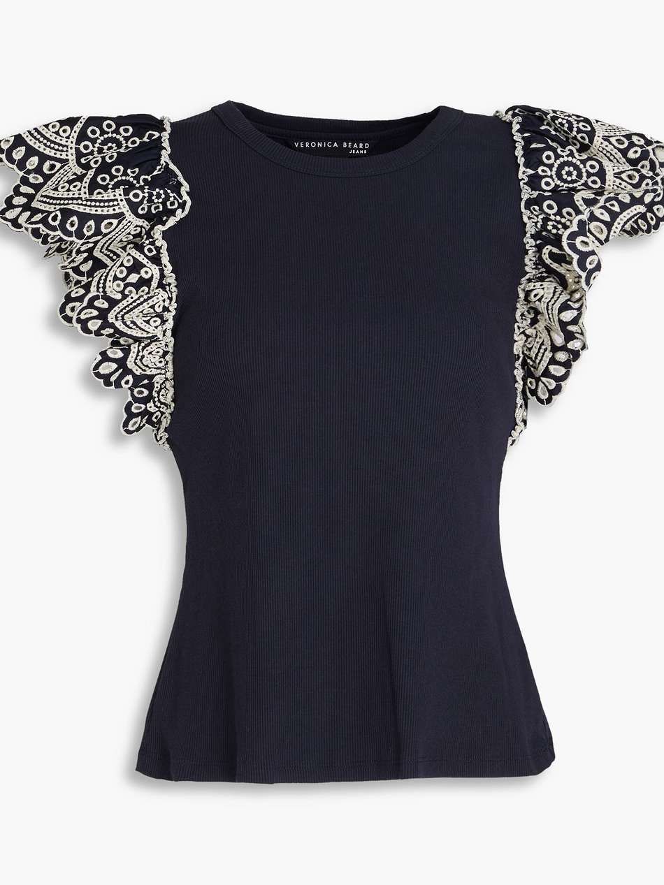 ruffled broderie anglaise-trimmed cotton-blend jersey top