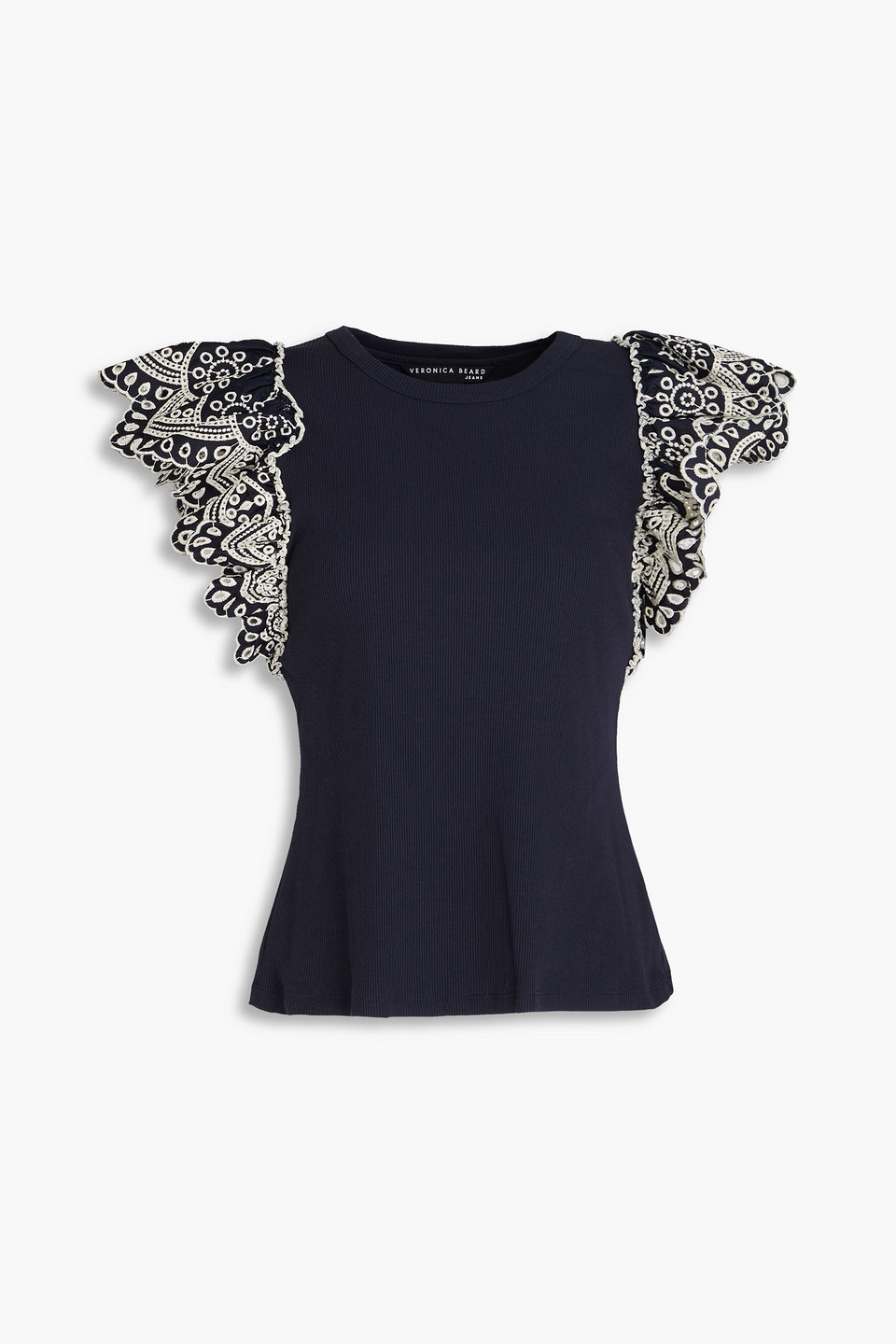 Ruffled broderie anglaise-trimmed cotton-blend jersey top