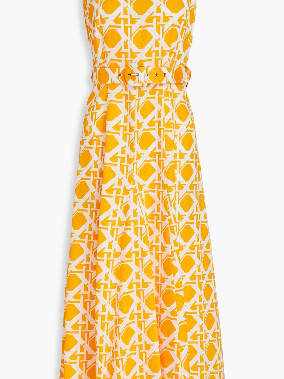 elliot belted printed cotton and linen-blend midi dress