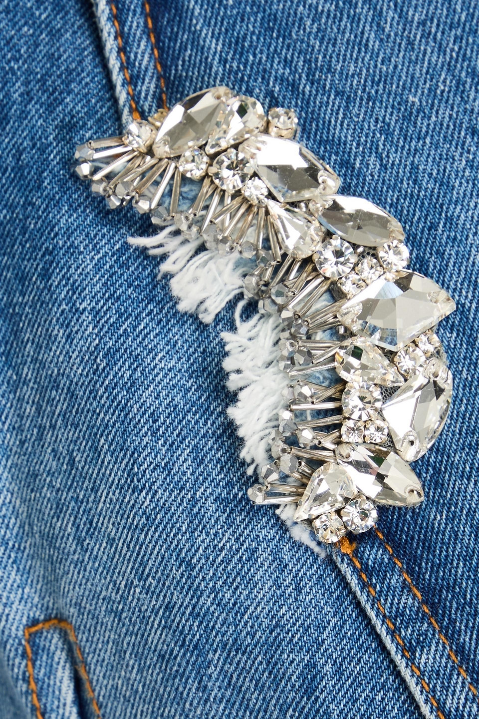 Shop Area Cutout Distressed Embellished Denim Mini Dress In Mid Denim