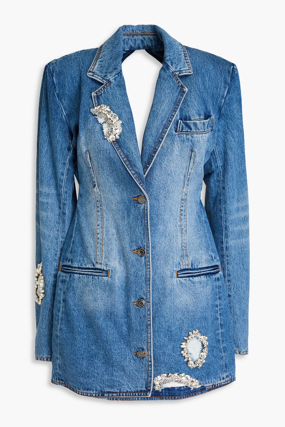 Shop Area Cutout Distressed Embellished Denim Mini Dress In Mid Denim