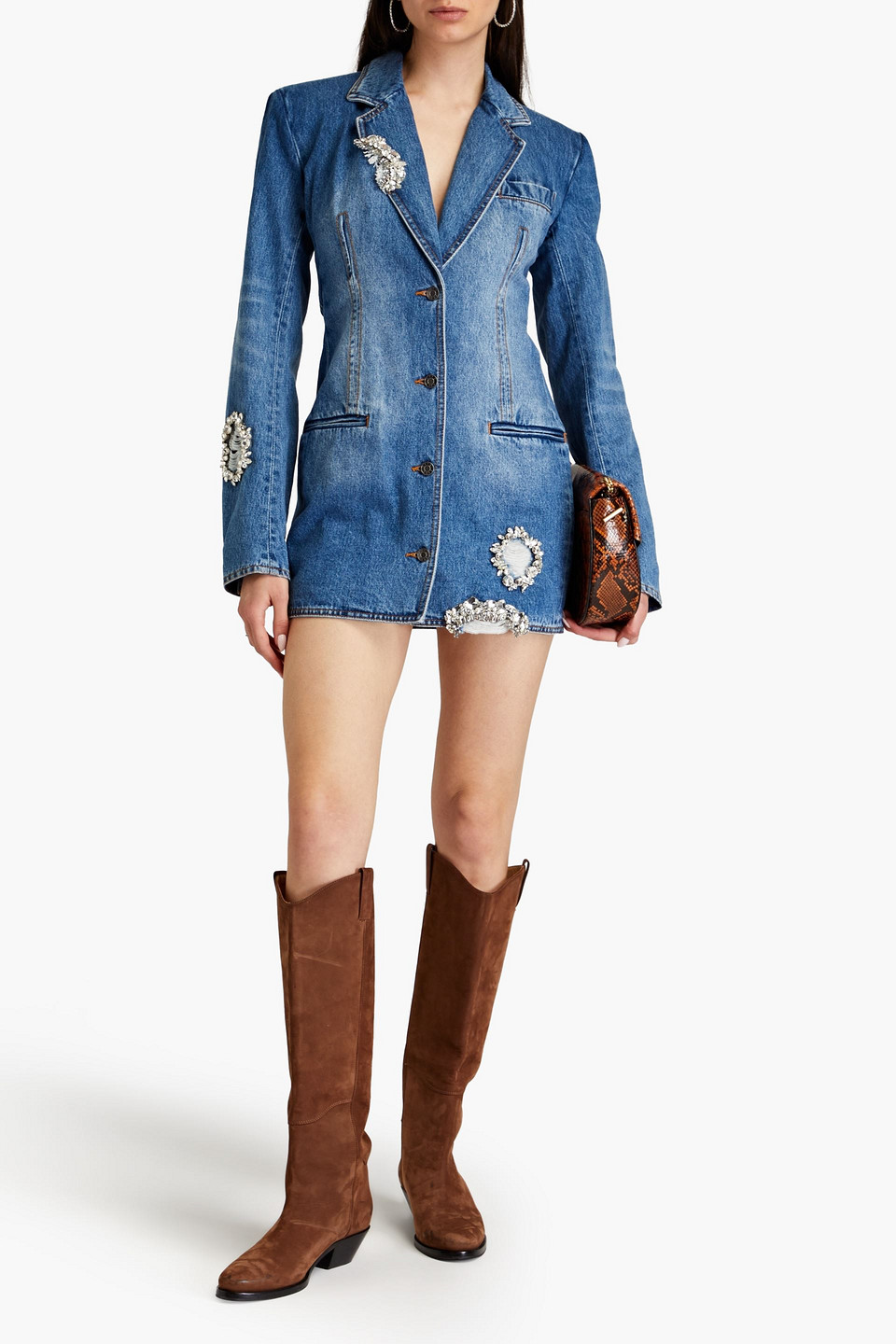 Shop Area Cutout Distressed Embellished Denim Mini Dress In Mid Denim