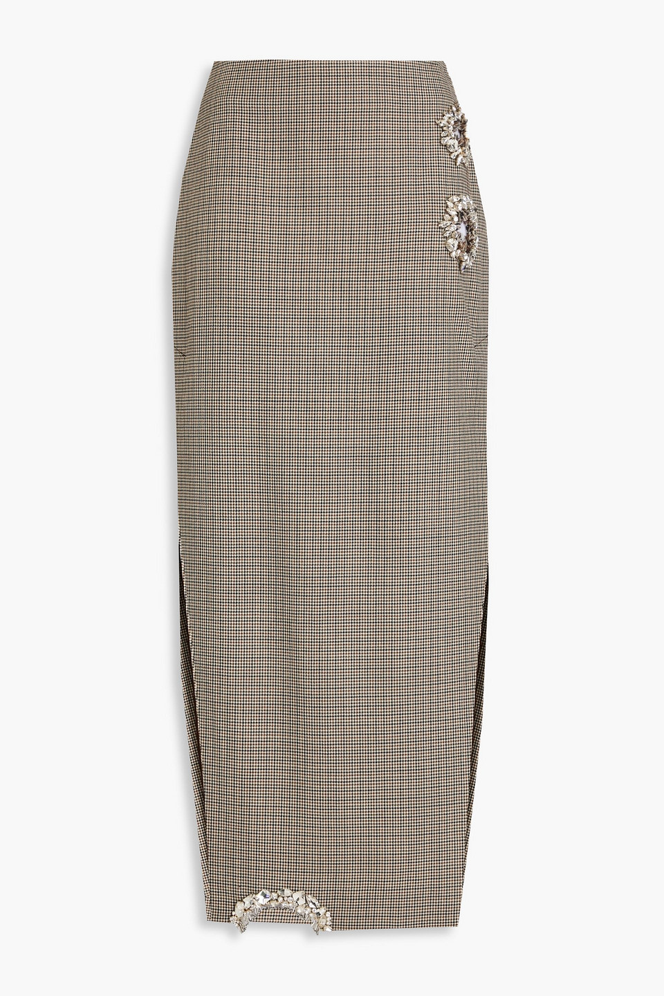 Area Crystal-embellished Cutout Houndstooth Wool Midi Skirt In Brown