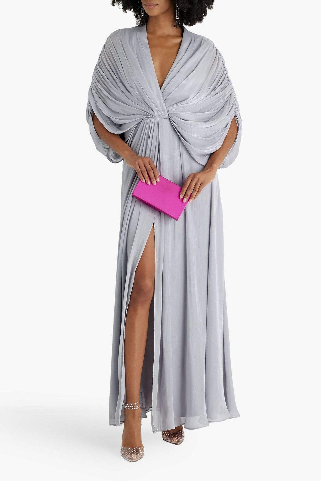 BADGLEY MISCHKA فستان سهرة من الجورجيت بتصميم منسدل ولون معدني