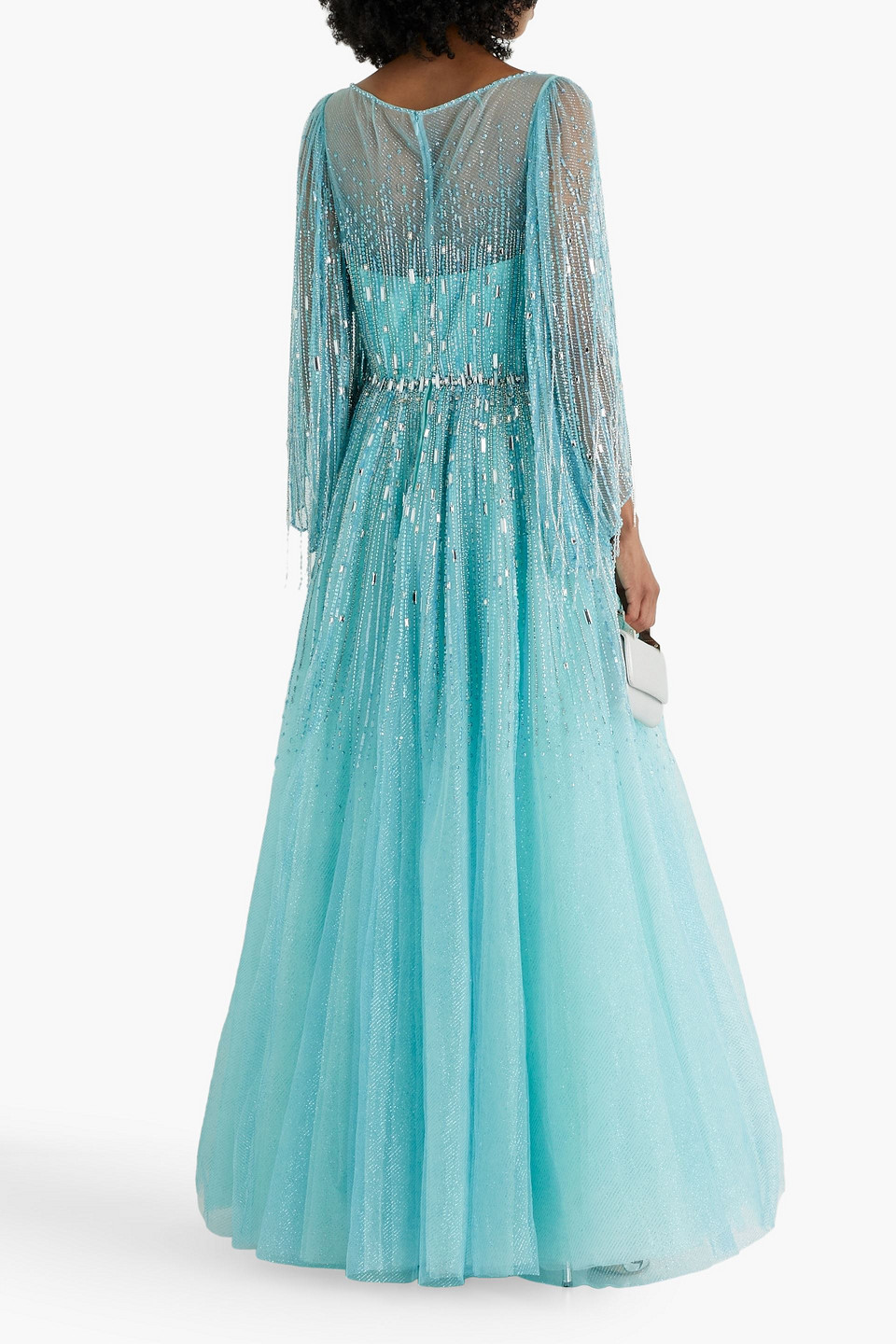 Jenny Packham Hestia Cape-effect Embellished Tulle Gown In Turquoise