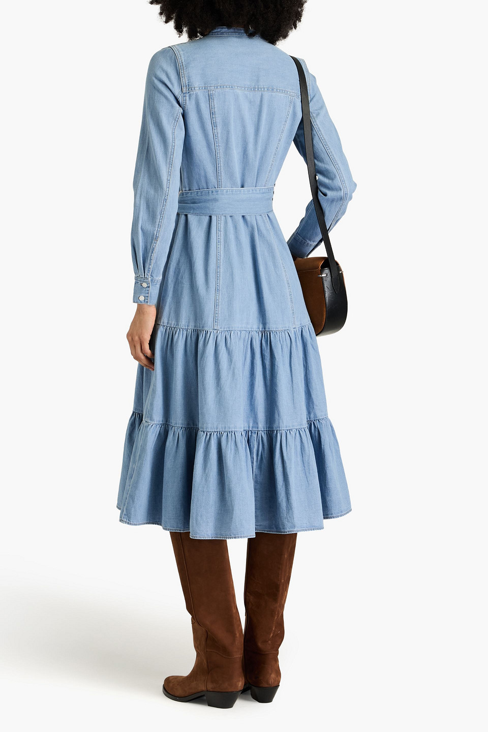 Shop Veronica Beard Kova Belted Tiered Denim Midi Dress In Light Denim