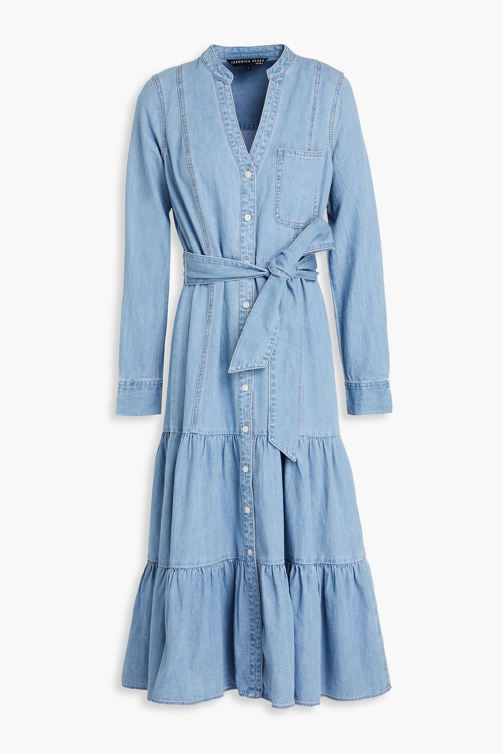 VERONICA BEARD Kova belted tiered denim midi dress | THE OUTNET