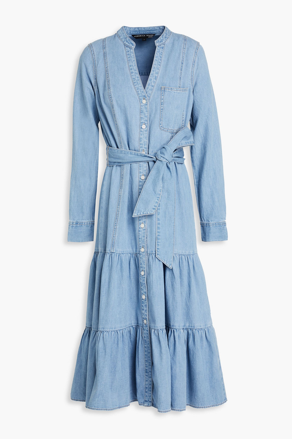 VERONICA BEARD KOVA BELTED TIERED DENIM MIDI DRESS