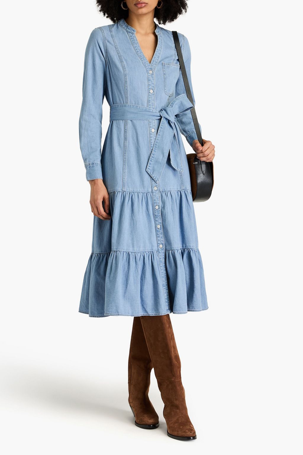 VERONICA BEARD Kova belted tiered denim midi dress