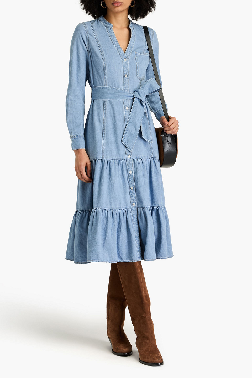 Shop Veronica Beard Kova Belted Tiered Denim Midi Dress In Light Denim