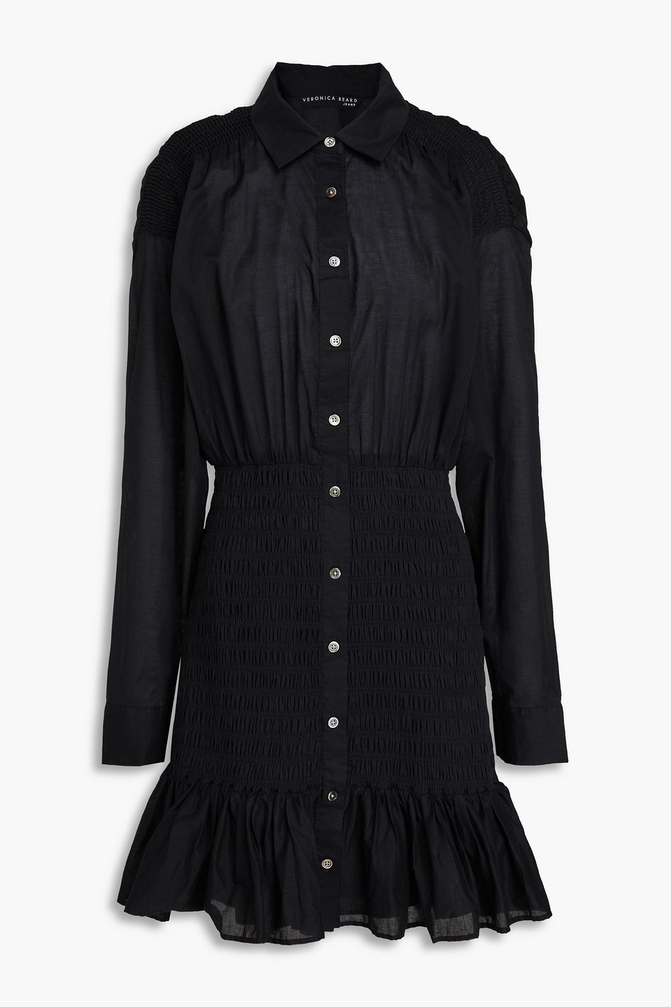 Veronica Beard Shirred Cotton Mini Shirt Dress In Black