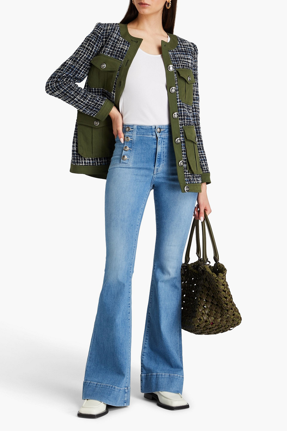 VERONICA BEARD SHERIDAN BUTTON-EMBELLISHED HIGH-RISE FLARED JEANS