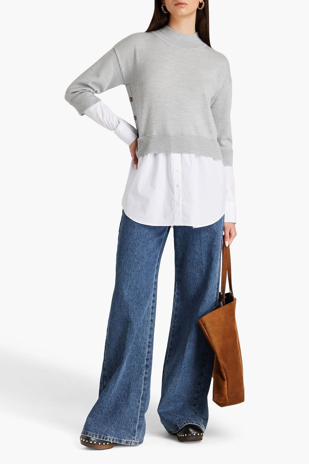 VERONICA BEARD Merino wool-paneled cotton-blend poplin sweater