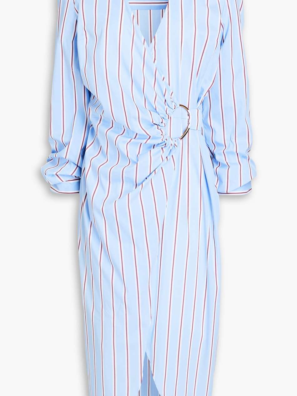 afton wrap-effect striped cotton-blend poplin midi shirt dress