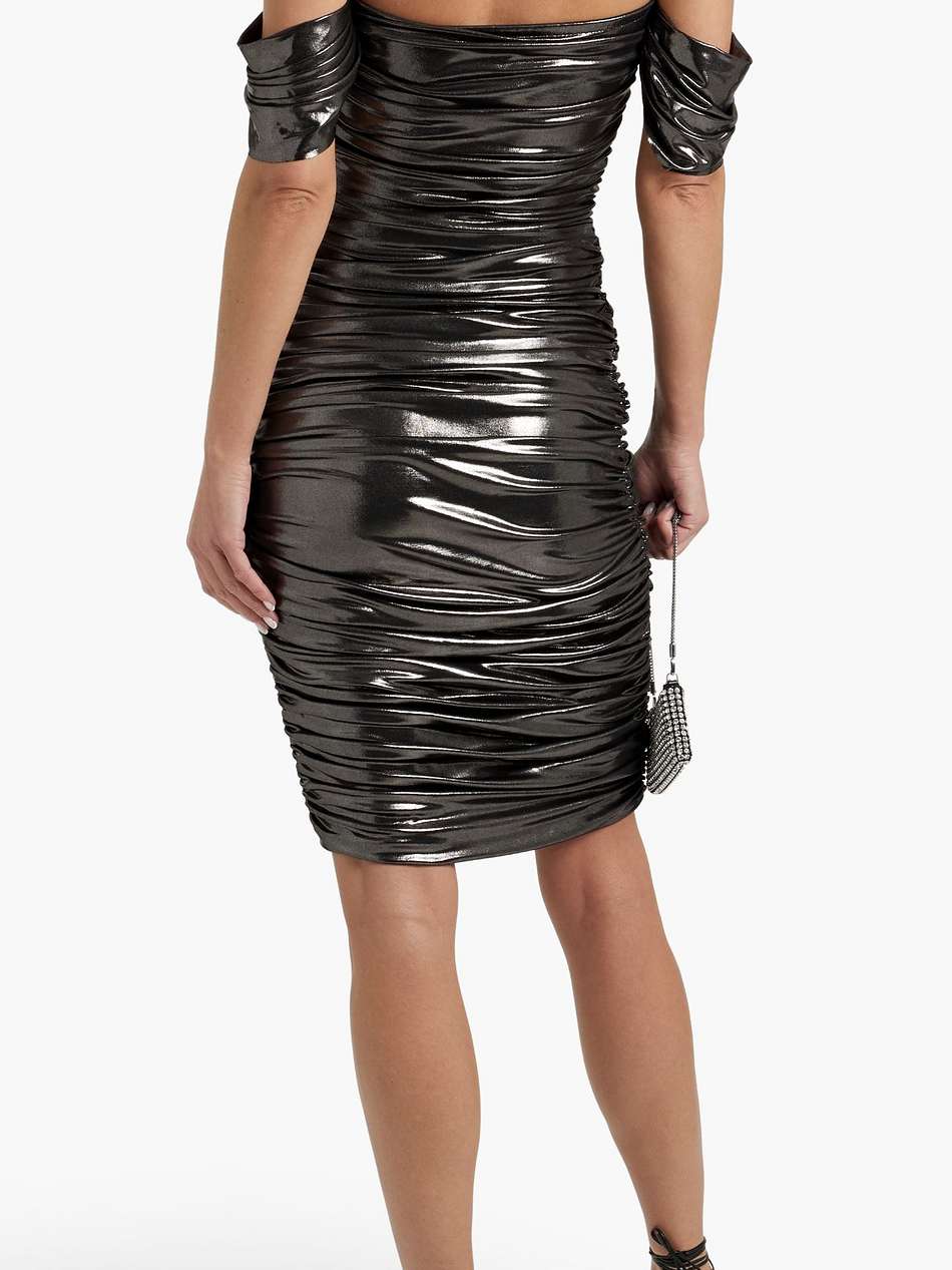walter off-the-shoulder ruched stretch-lamé dress