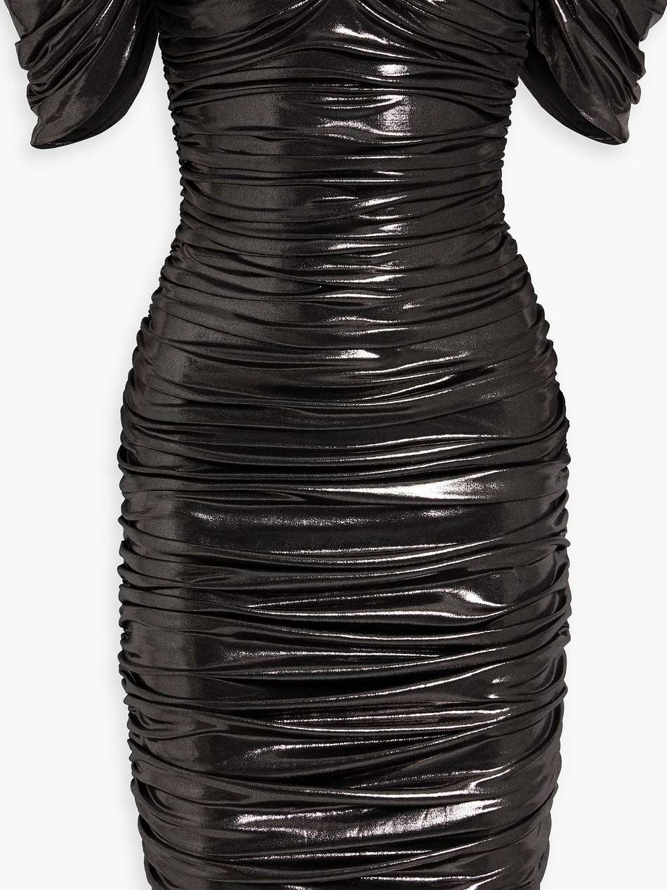 walter off-the-shoulder ruched stretch-lamé dress