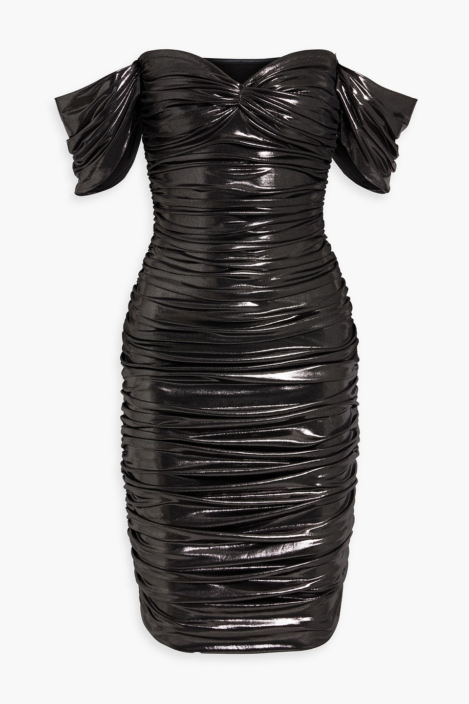 Shop Norma Kamali Walter Off-the-shoulder Ruched Stretch-lamé Dress In Gunmetal