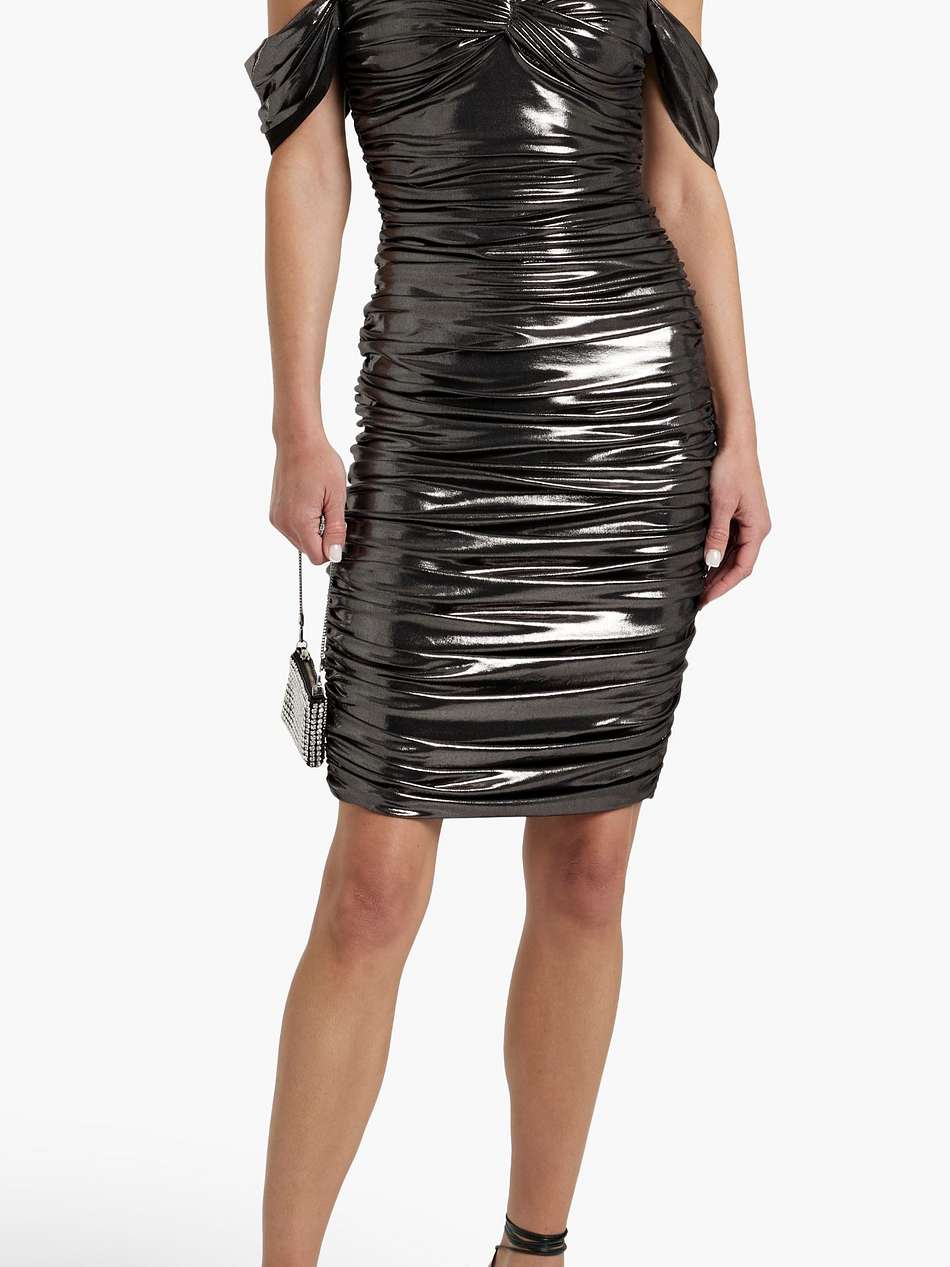 walter off-the-shoulder ruched stretch-lamé dress