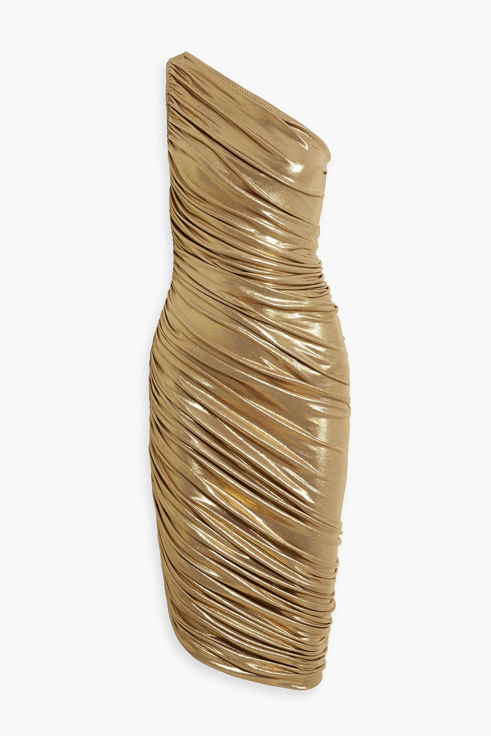 Shop Norma Kamali Diana One-shoulder Ruched Lamé Dress In Gold