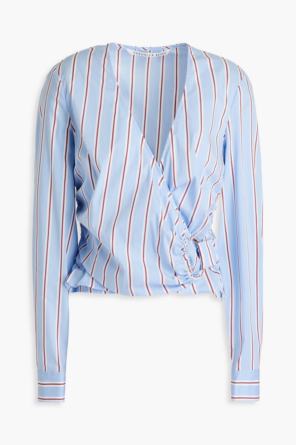 Veronica Beard Ozzie Wrap-effect Striped Cotton-blend Poplin Top In Light Blue