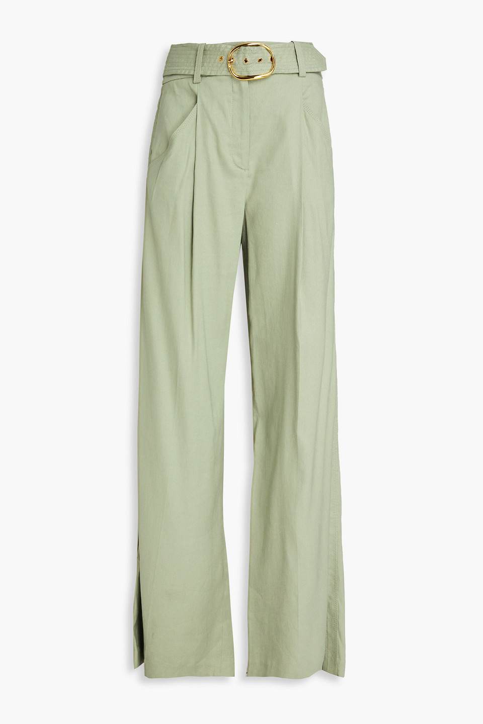 Veronica Beard Belted Pleated Linen-blend Wide-leg Pants In Sage Green